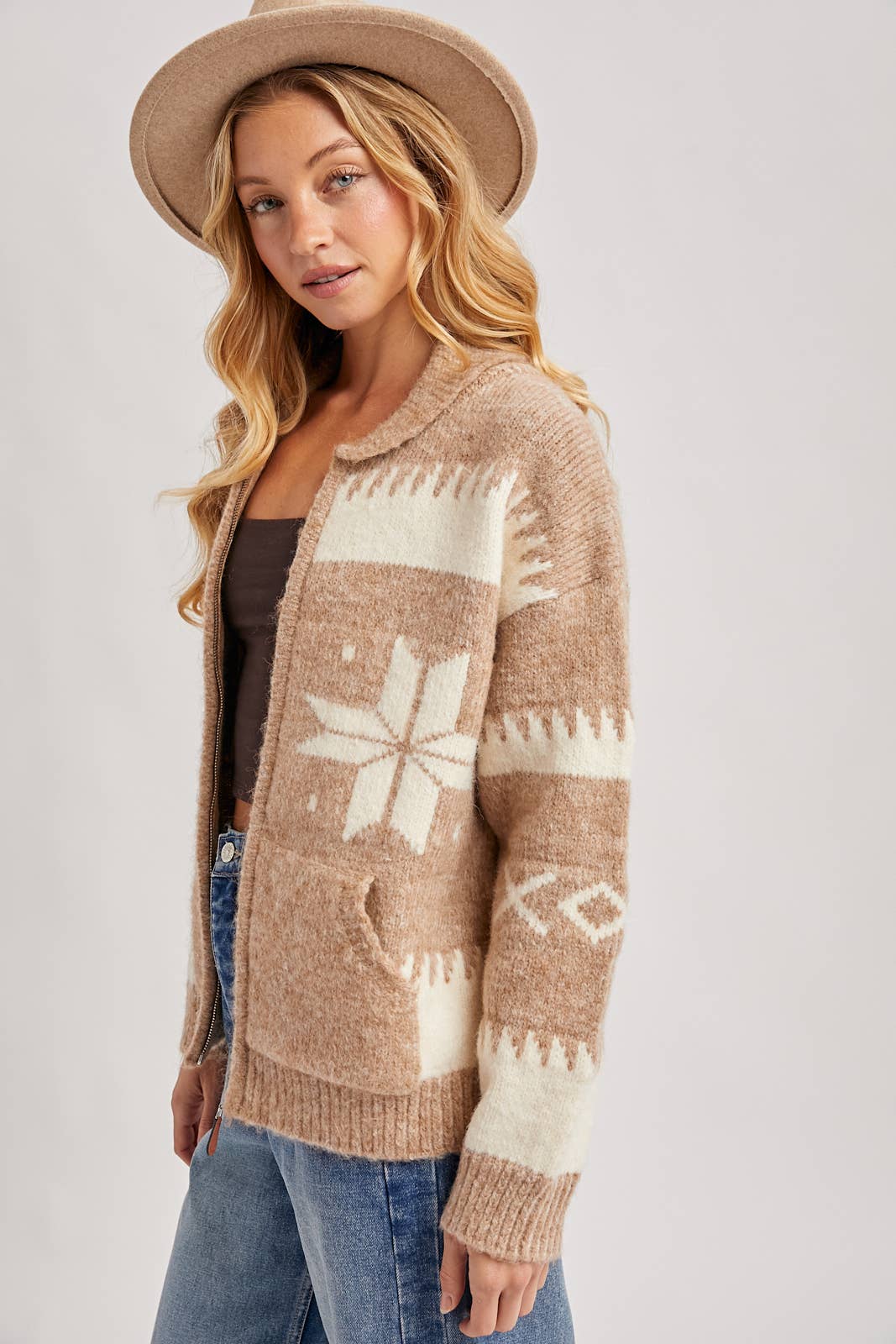 Fair Isle Fuzzy Knit Cardigan