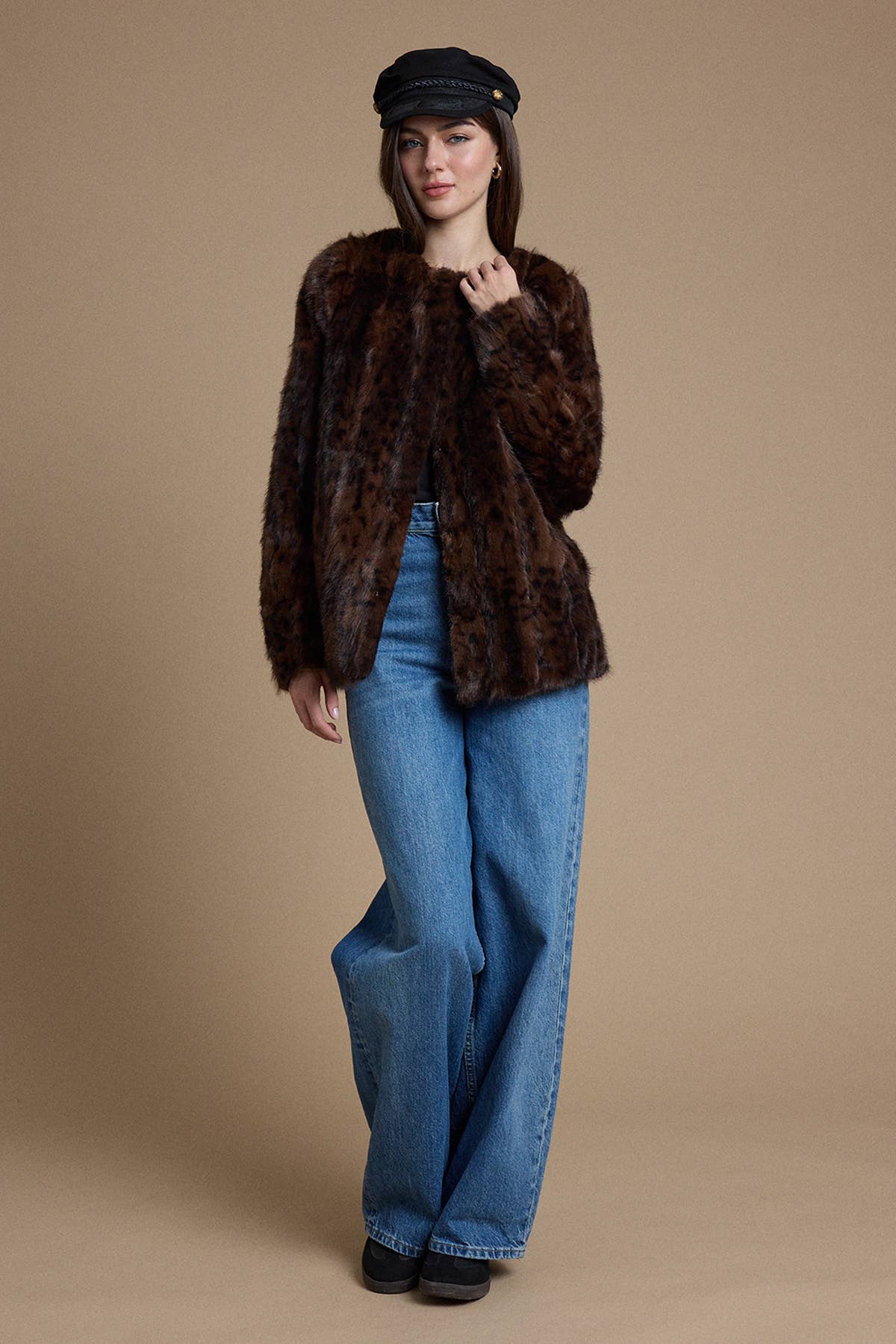 Chocolate Brown Leopard Faux Fur Jacket