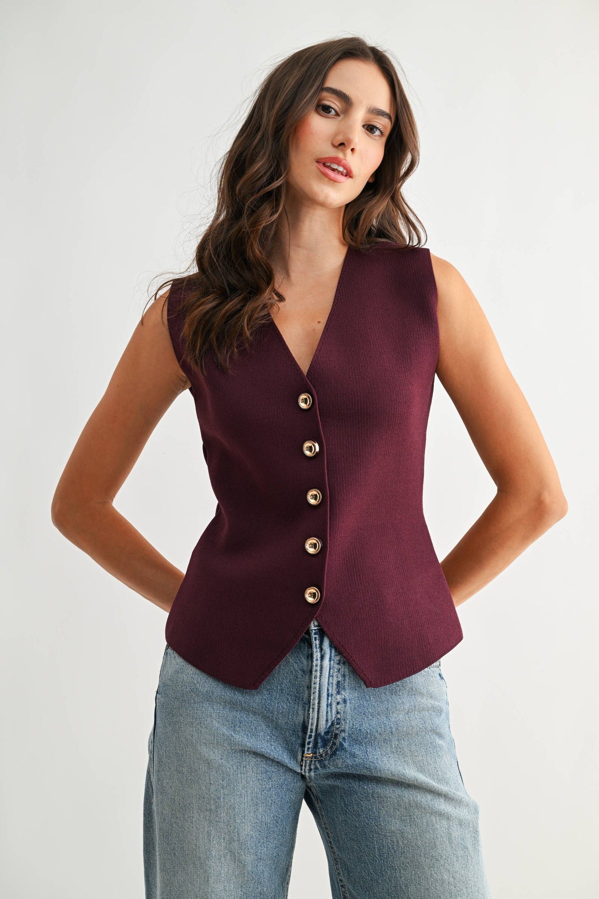 Plum Button-Front Knit Vest