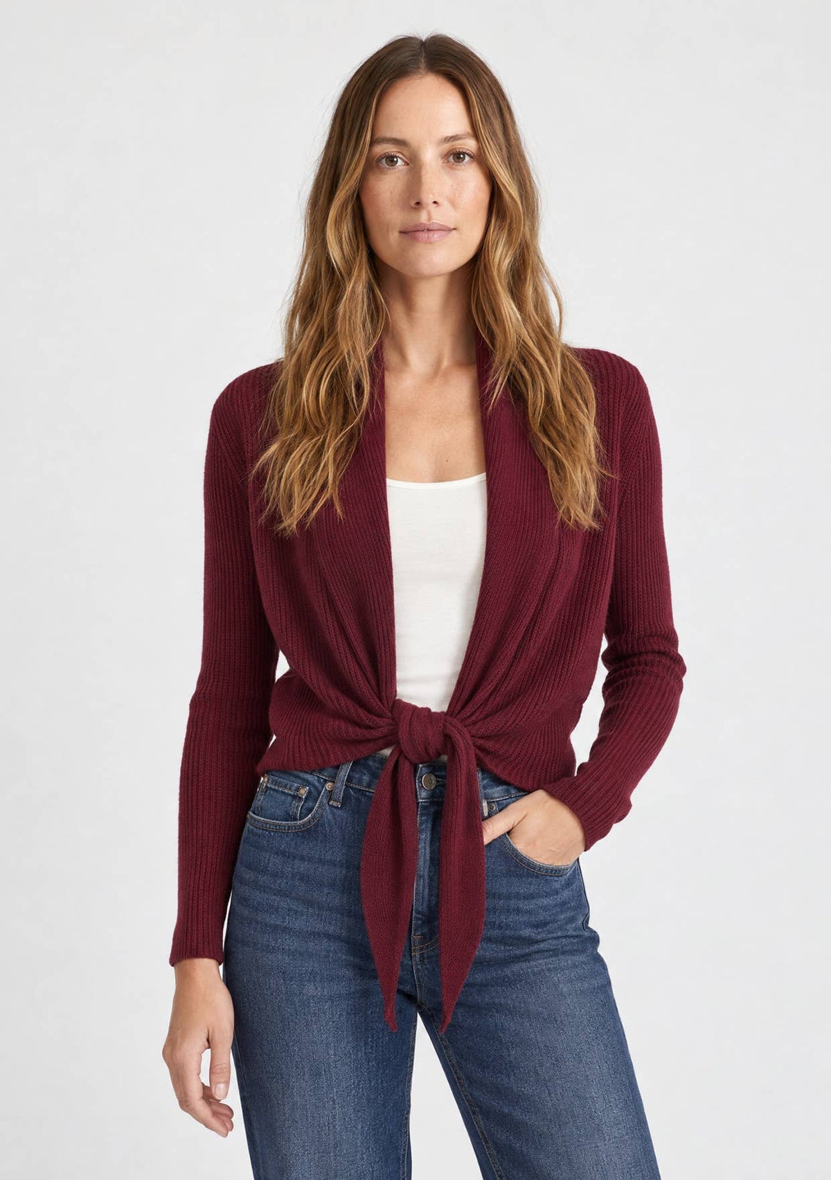 Waffle Knit Long Sleeve Tie Front Cardigan
