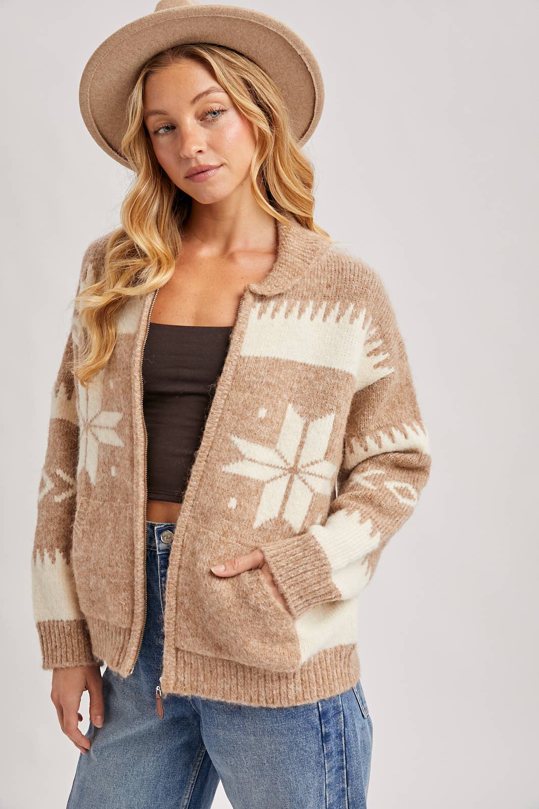 Fair Isle Fuzzy Knit Cardigan