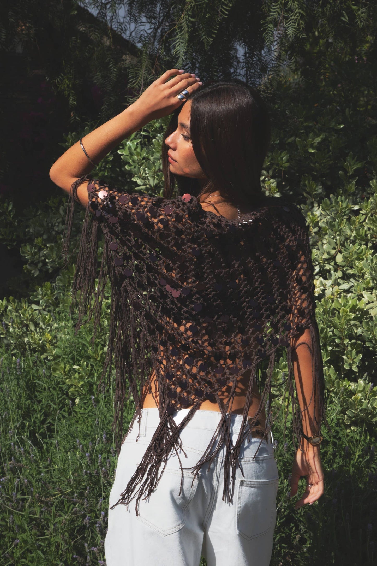 Lunara Sequin Crochet Fringe Knit Poncho
