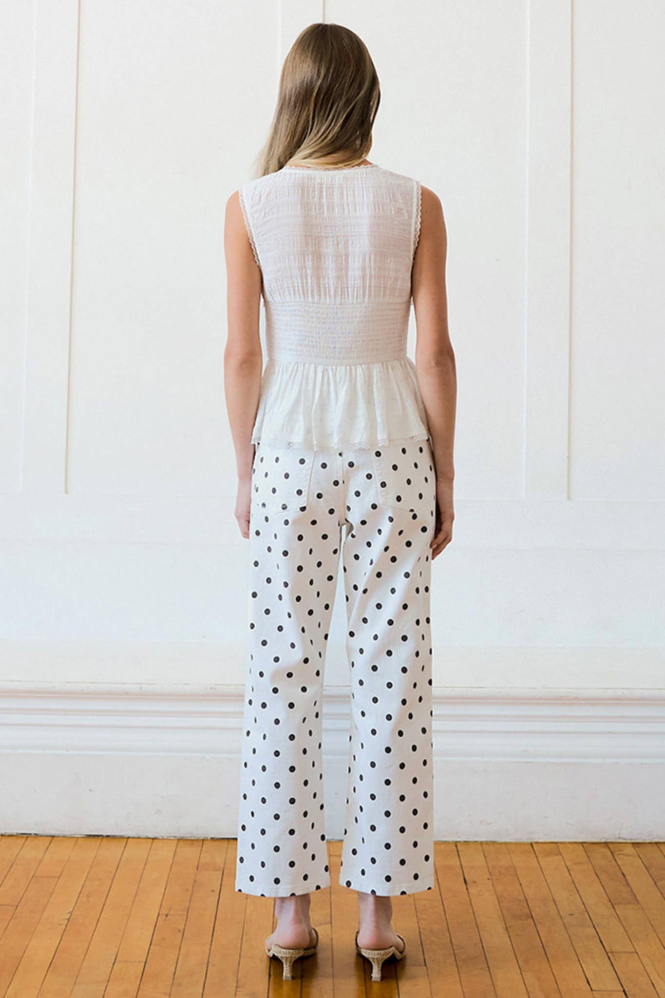 Smocked Tie-Front Peplum Top with Lace Trim