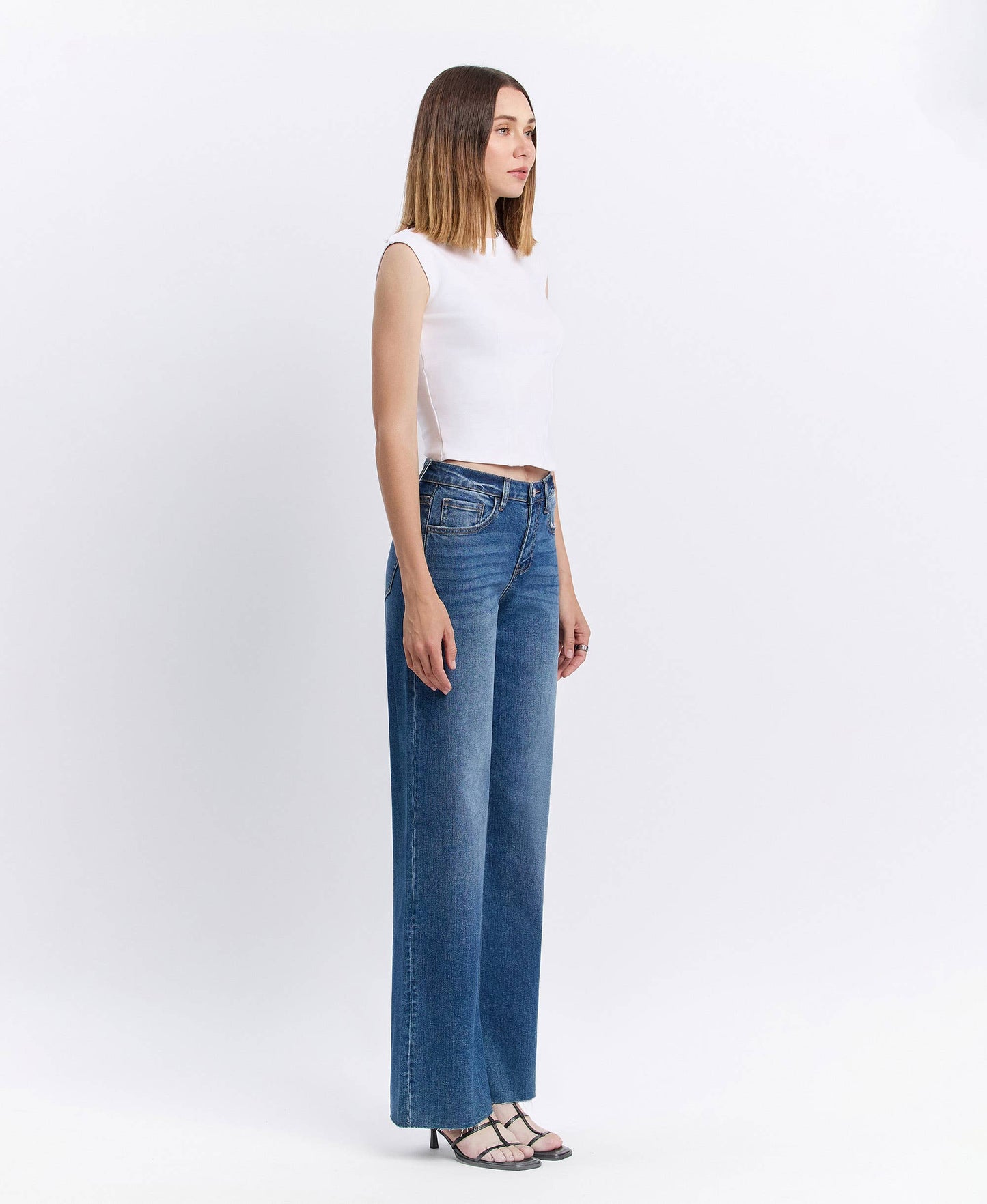 High-Rise Clean-Cut Raw Hem Wide Jeans