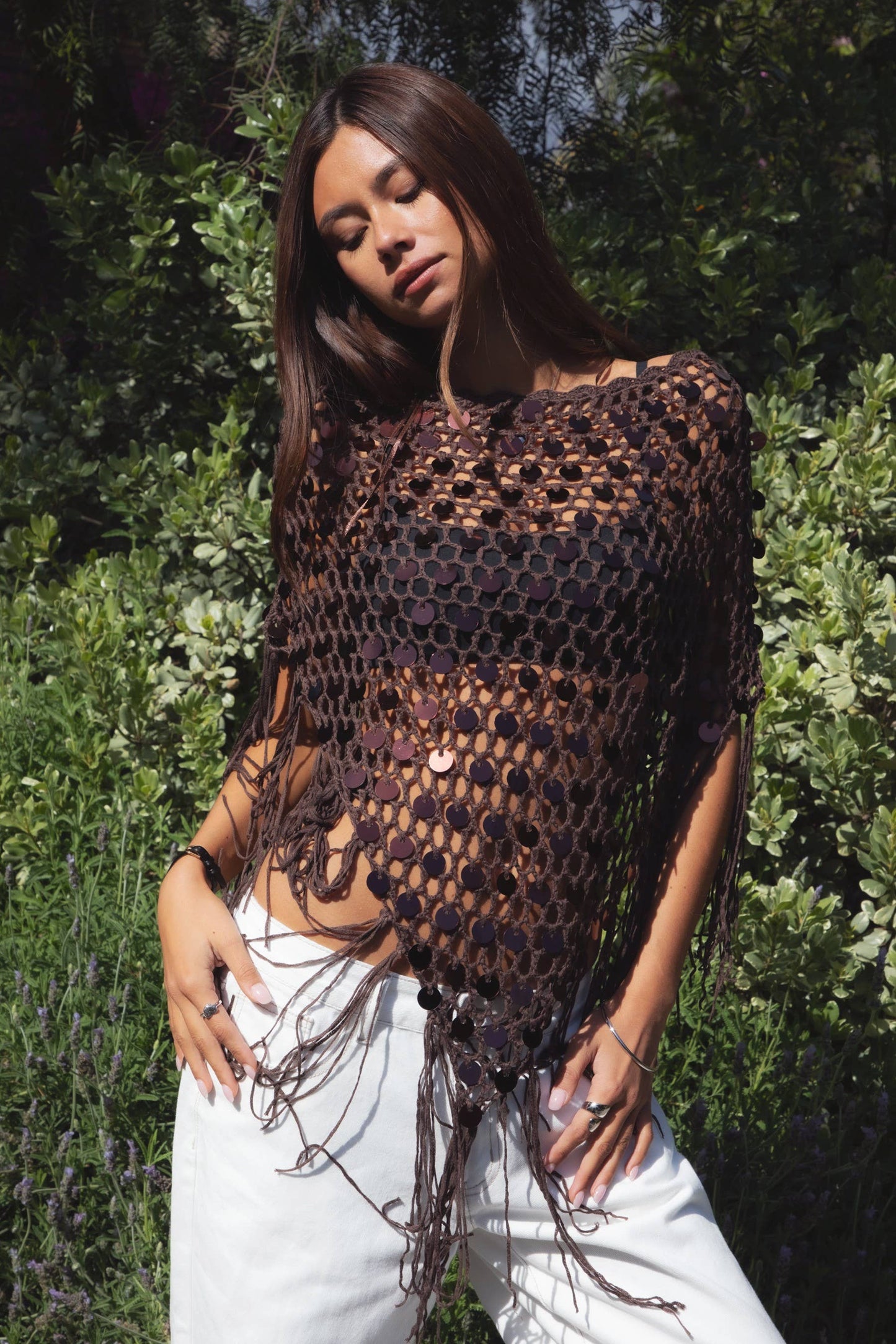 Lunara Sequin Crochet Fringe Knit Poncho