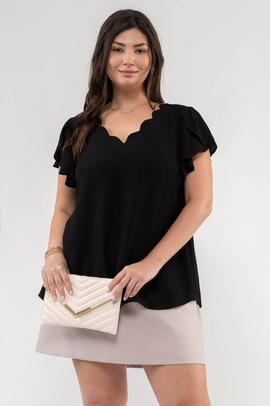 V-Neck Scallop Trim Blouse w/Tulip Sleeve