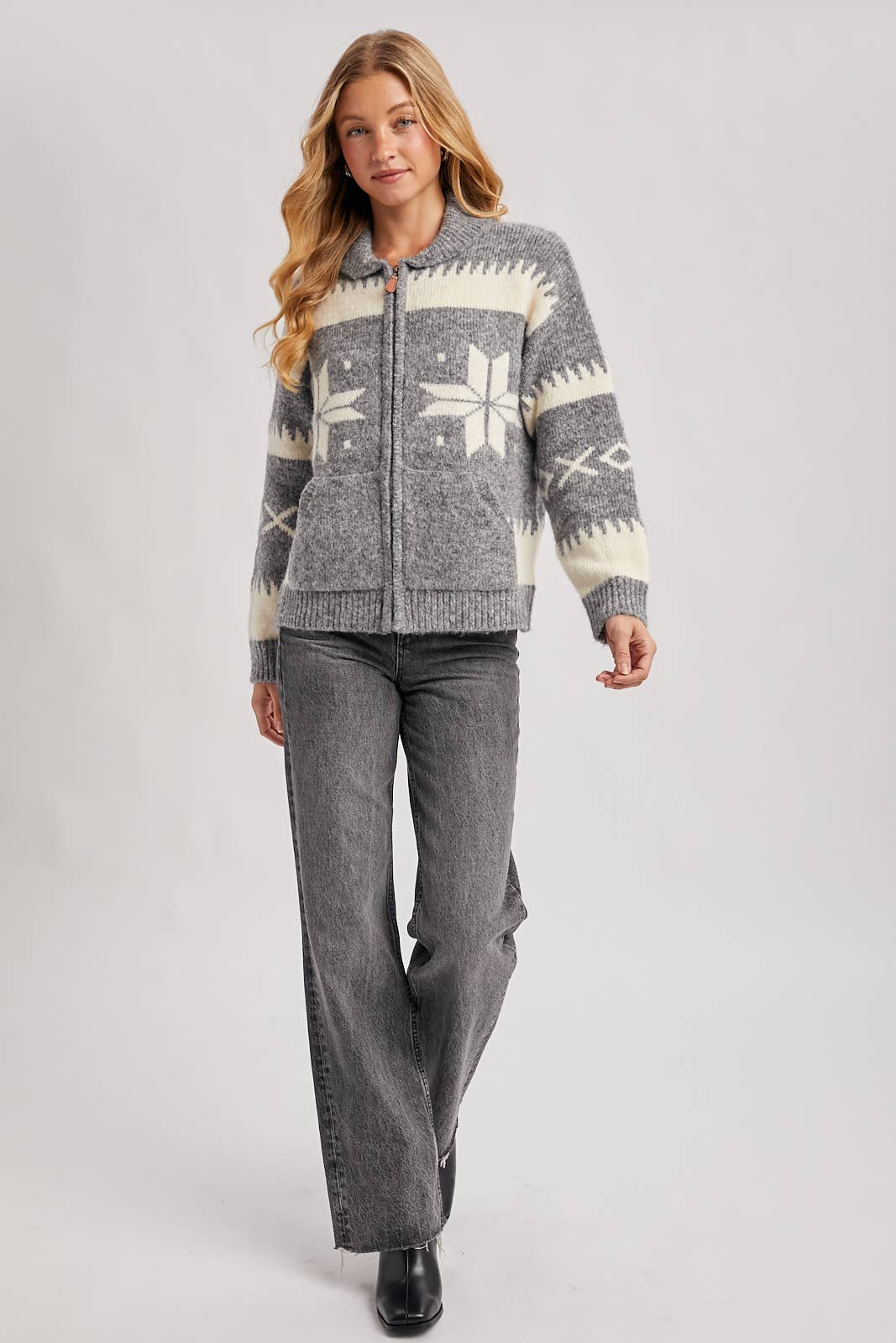 Fair Isle Fuzzy Knit Cardigan