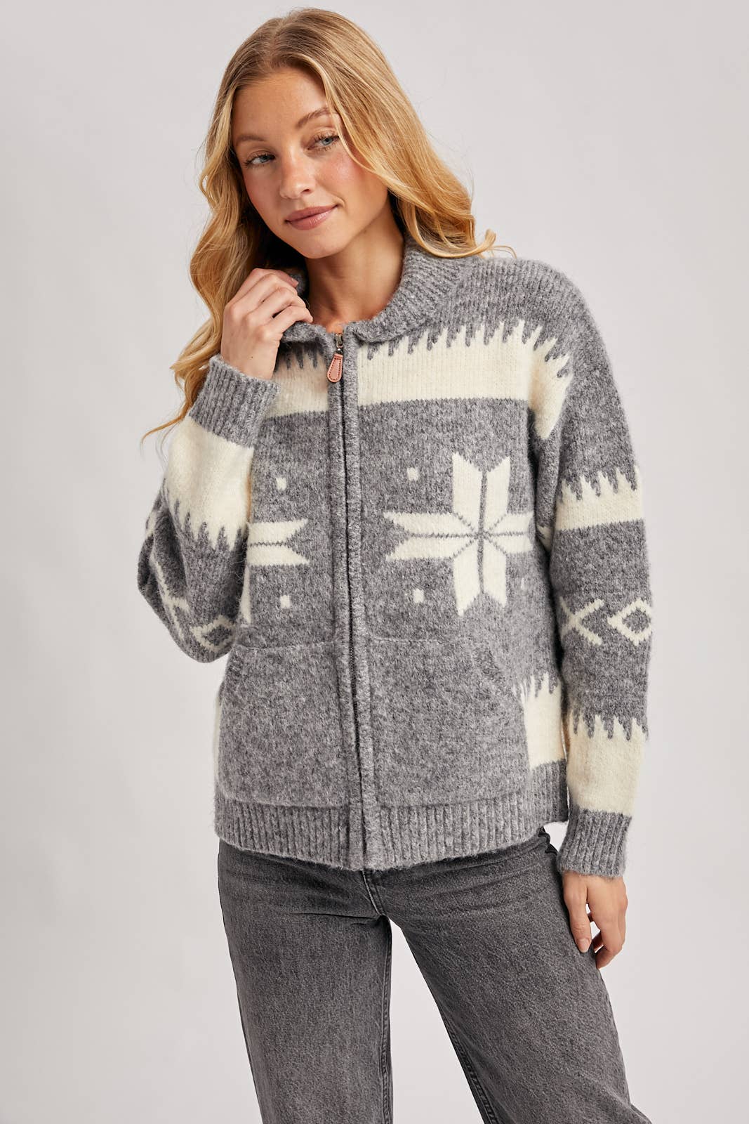Fair Isle Fuzzy Knit Cardigan