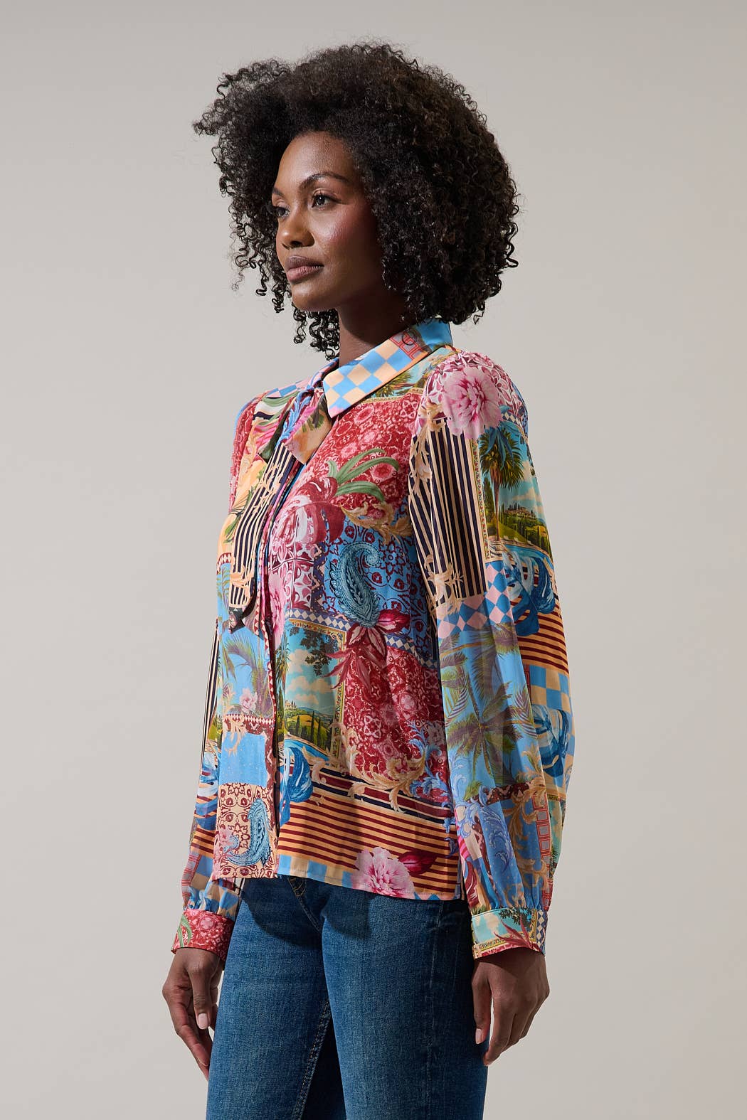 Melani Tropical Matra Long Sleeve Collared Blouse