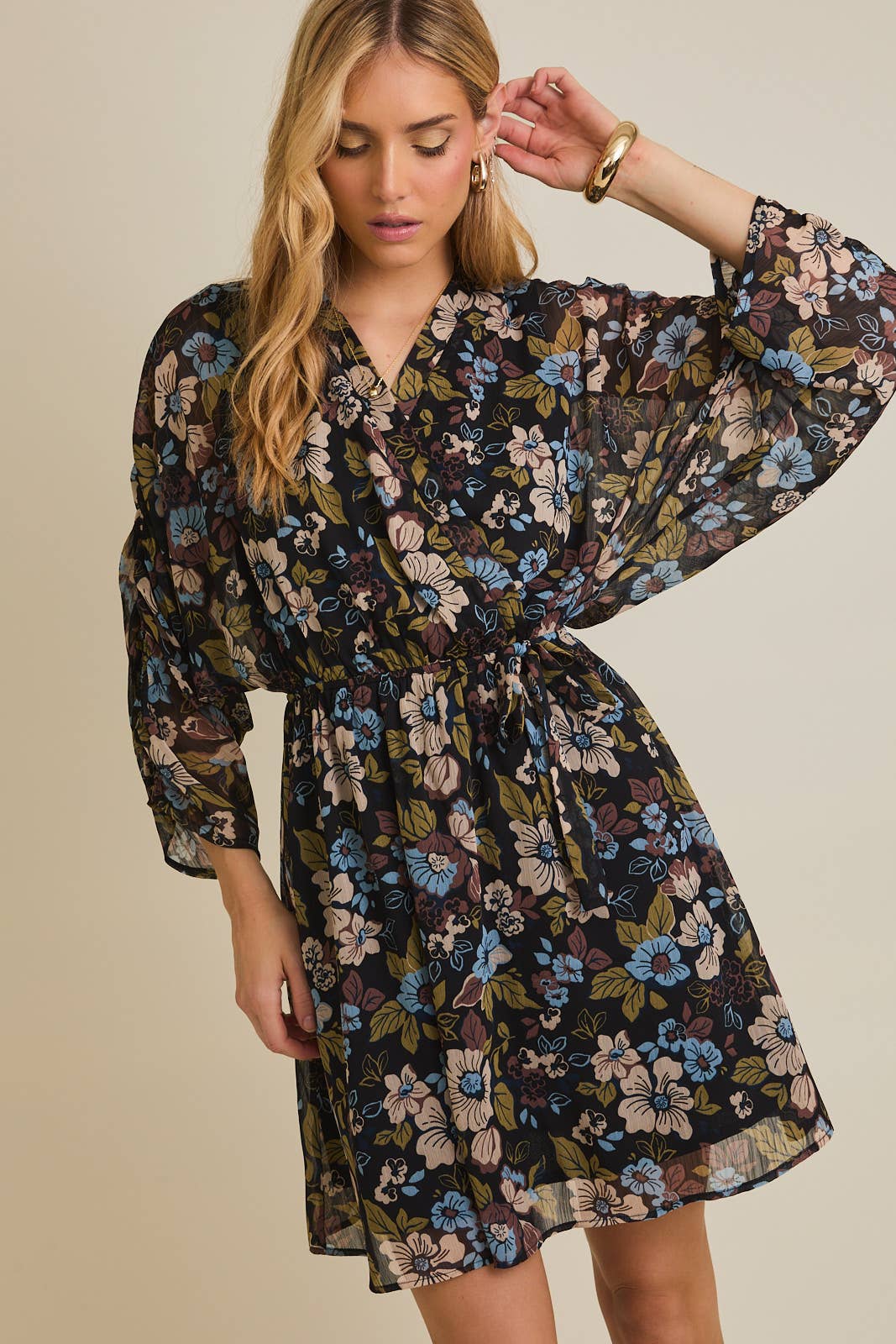 Surplice Shirred Floral Dress