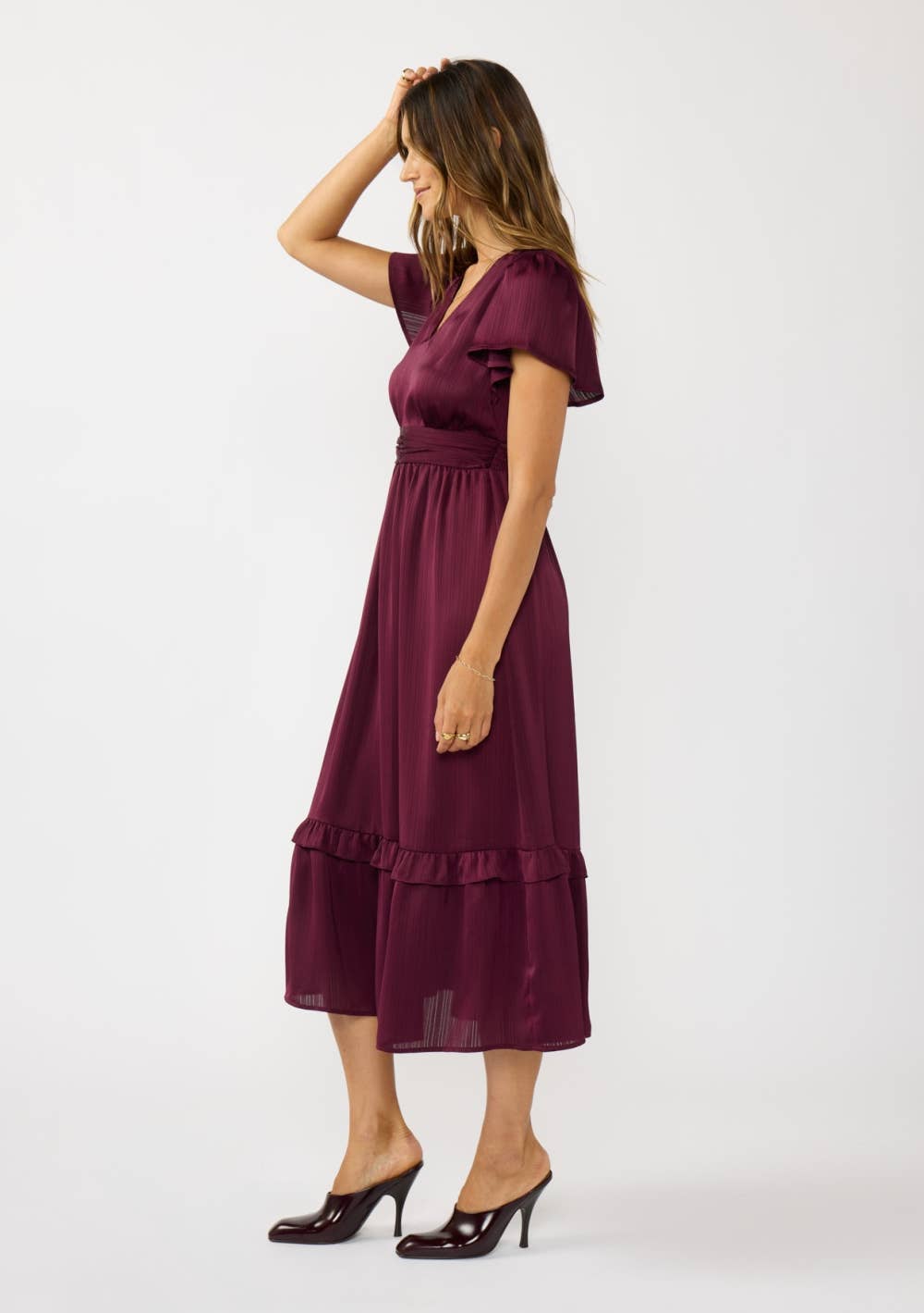 Flutter Sleeve V-Neck Midi Dress