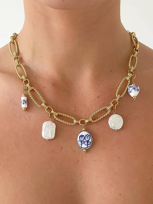 Riela 18K Gold Floral Ceramic Chain Necklace