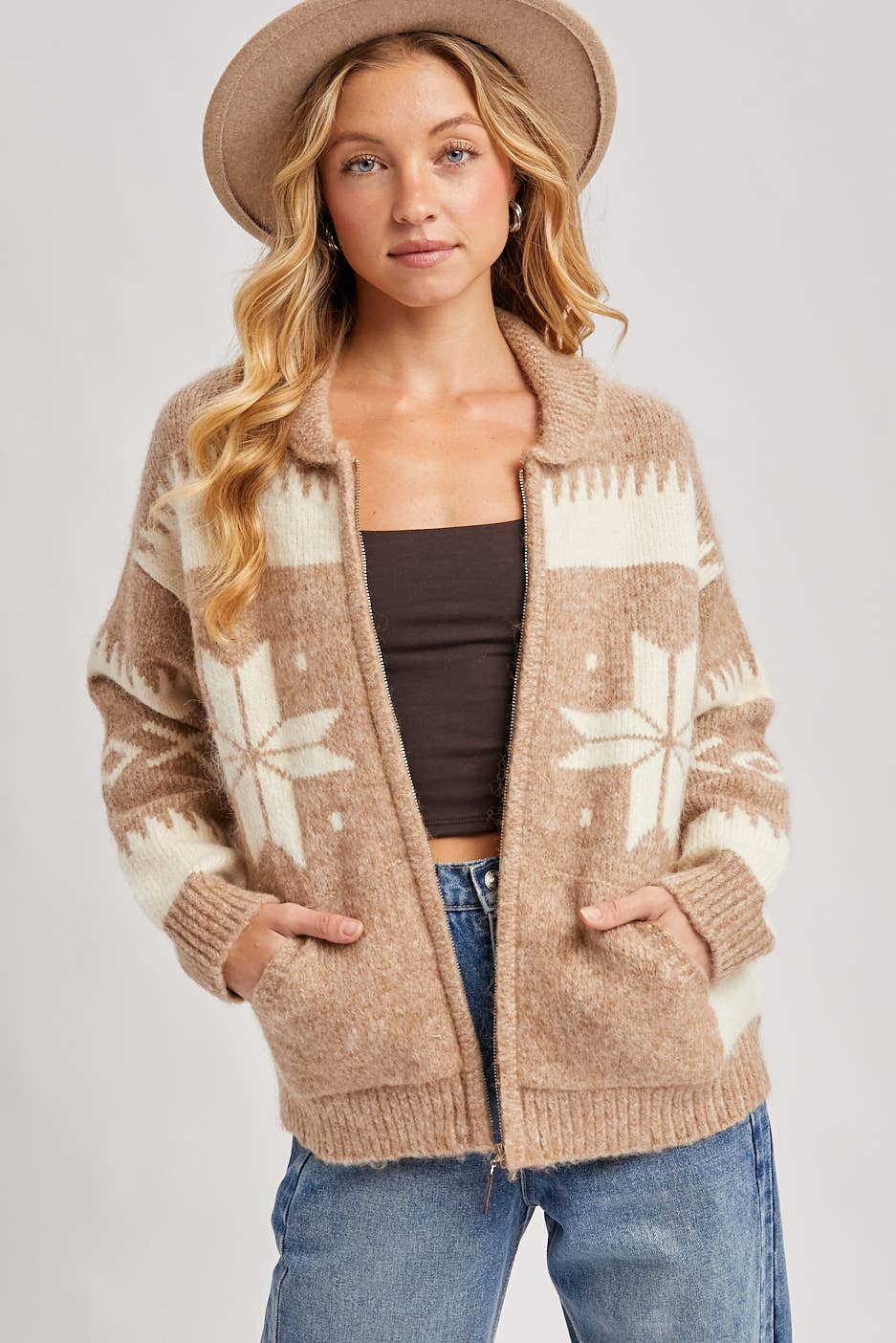 Fair Isle Fuzzy Knit Cardigan