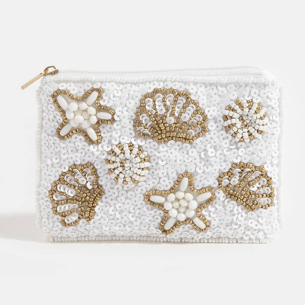 Starfish Clams And Sea Life Seed Beaded Coin Purse