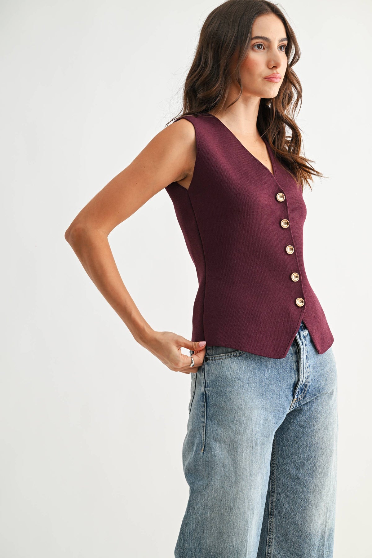 Plum Button-Front Knit Vest