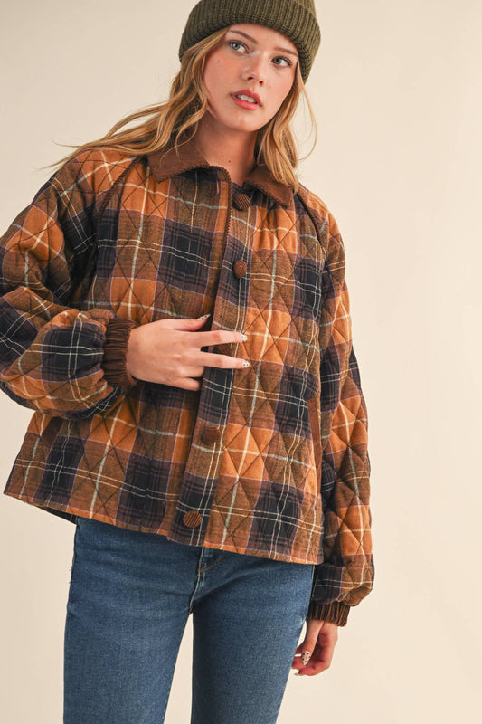 Plaid Quilted Jacket with Corduroy Detail