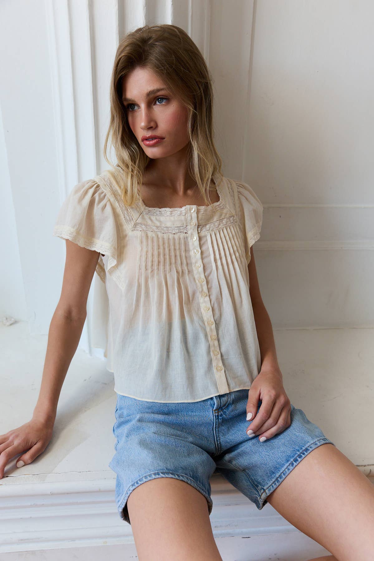 Lace Trim Pintuck Blouse