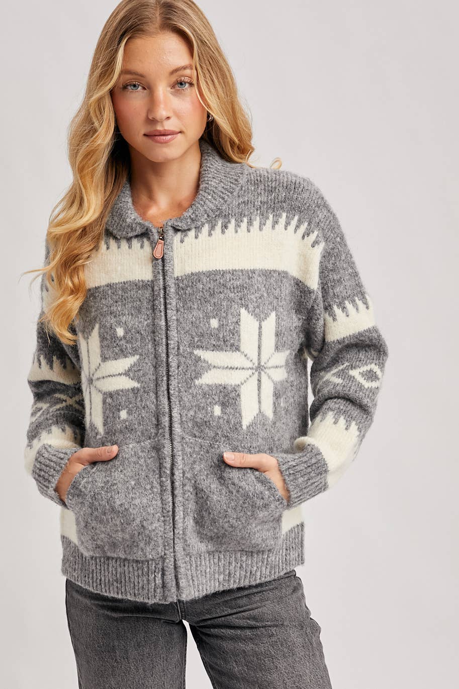 Fair Isle Fuzzy Knit Cardigan