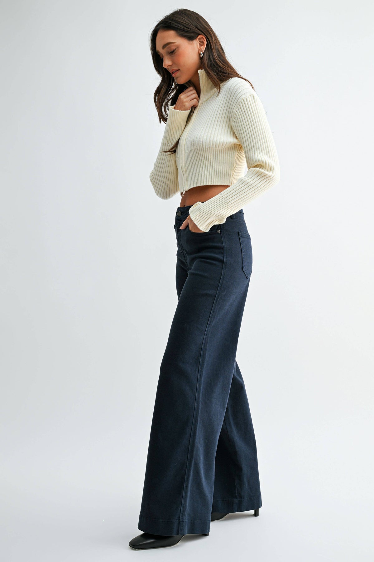 Ines High Rise Full Length Wide Leg- Navy