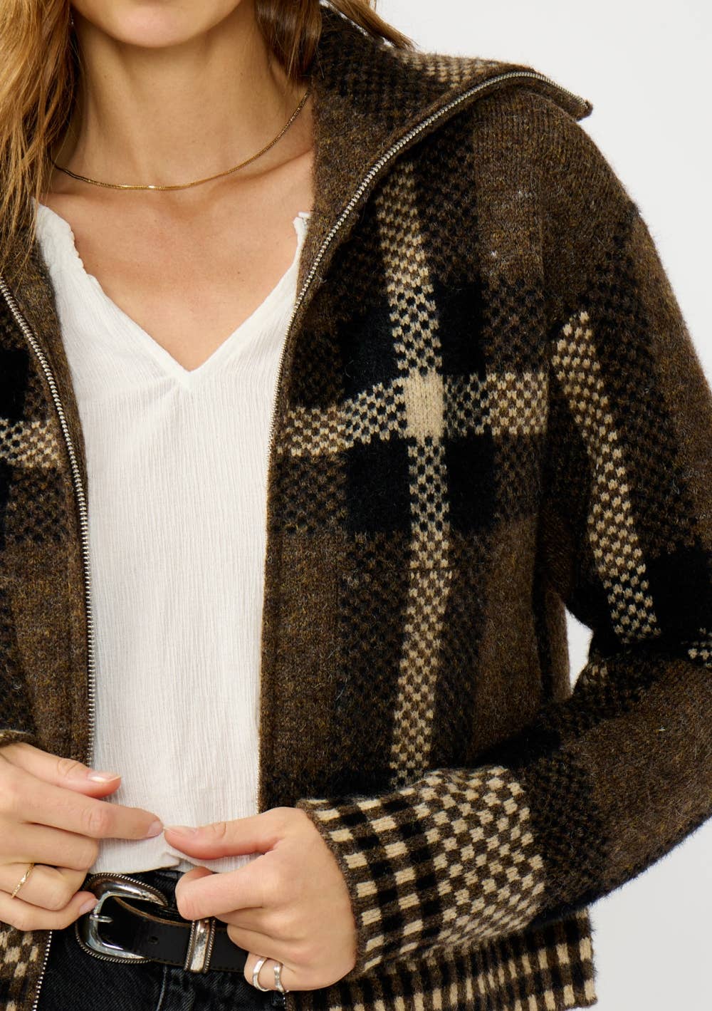 Plaid Knit Zip-Up Bomber Jacket