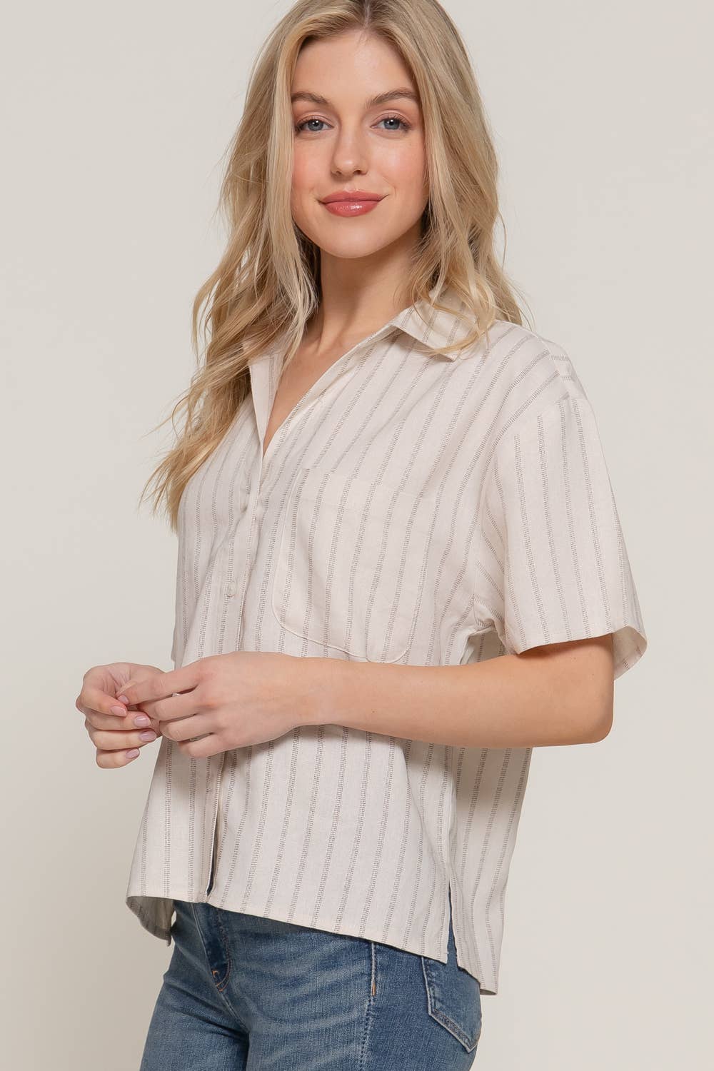 Button Down Stripe Linen Top
