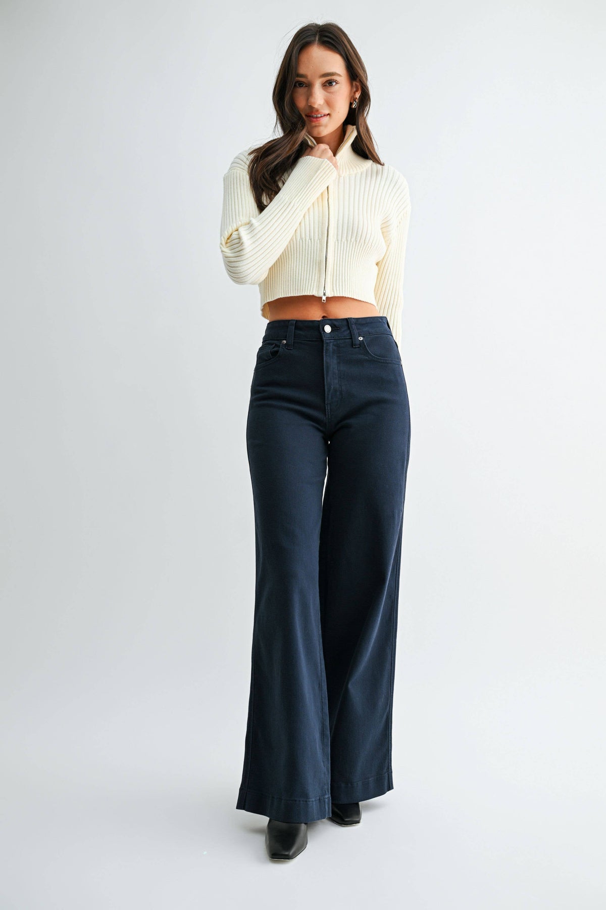 Ines High Rise Full Length Wide Leg- Navy
