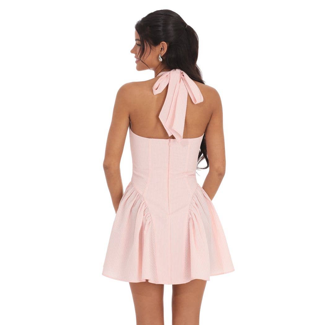 Striped Crinkle Halter Dress in Pink
