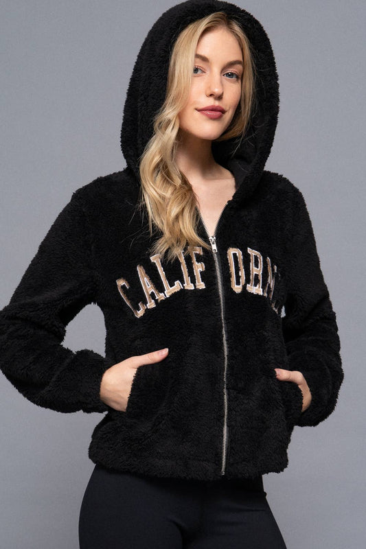 California Embroidery Hooded Faux Fur Jacket