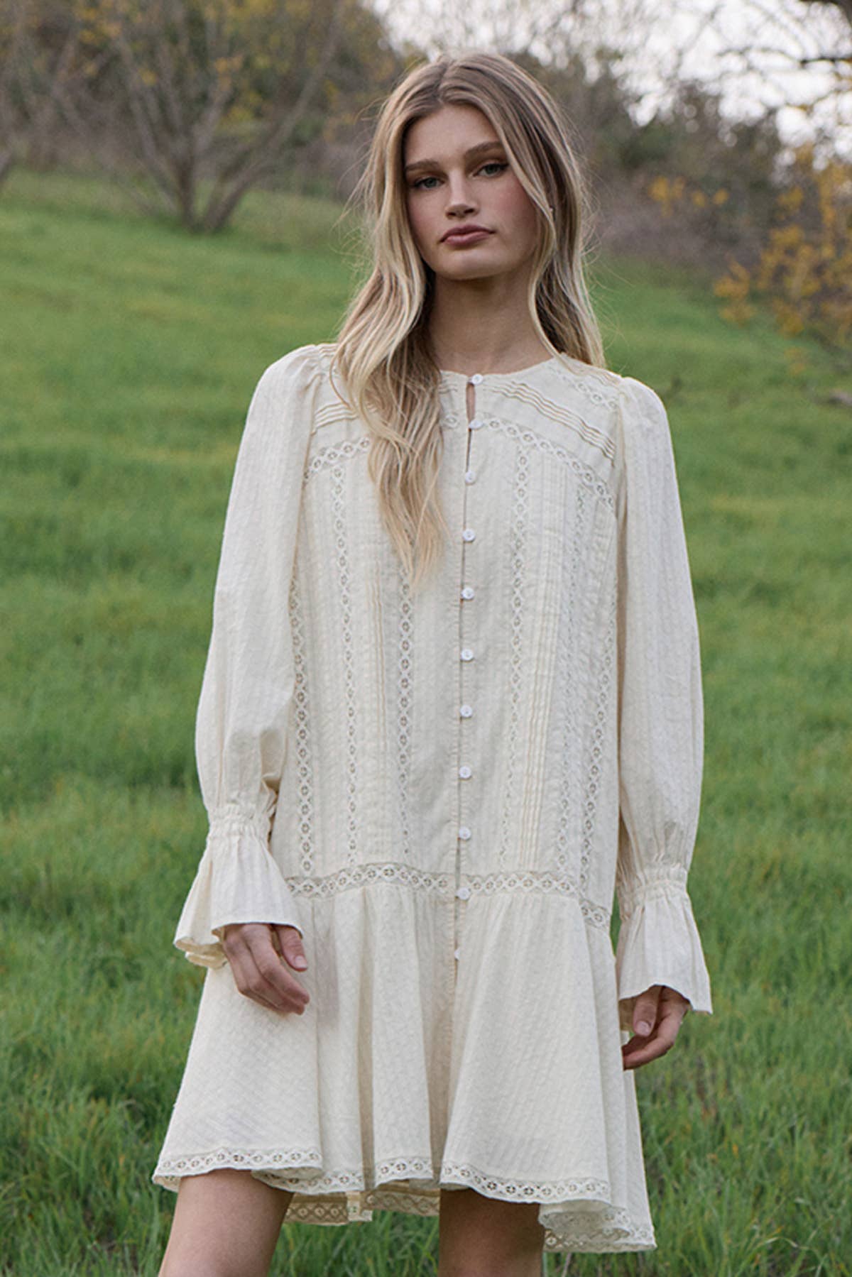 Lace Pintuck Tiered Tunic Dress