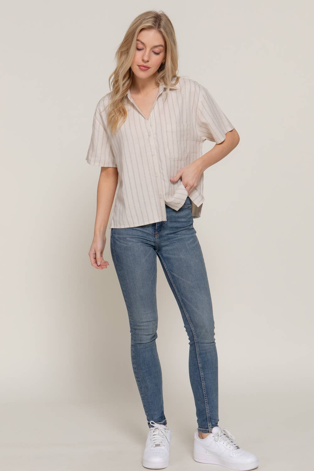 Button Down Stripe Linen Top