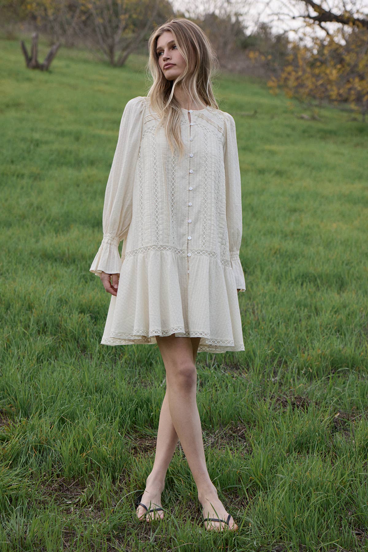 Lace Pintuck Tiered Tunic Dress