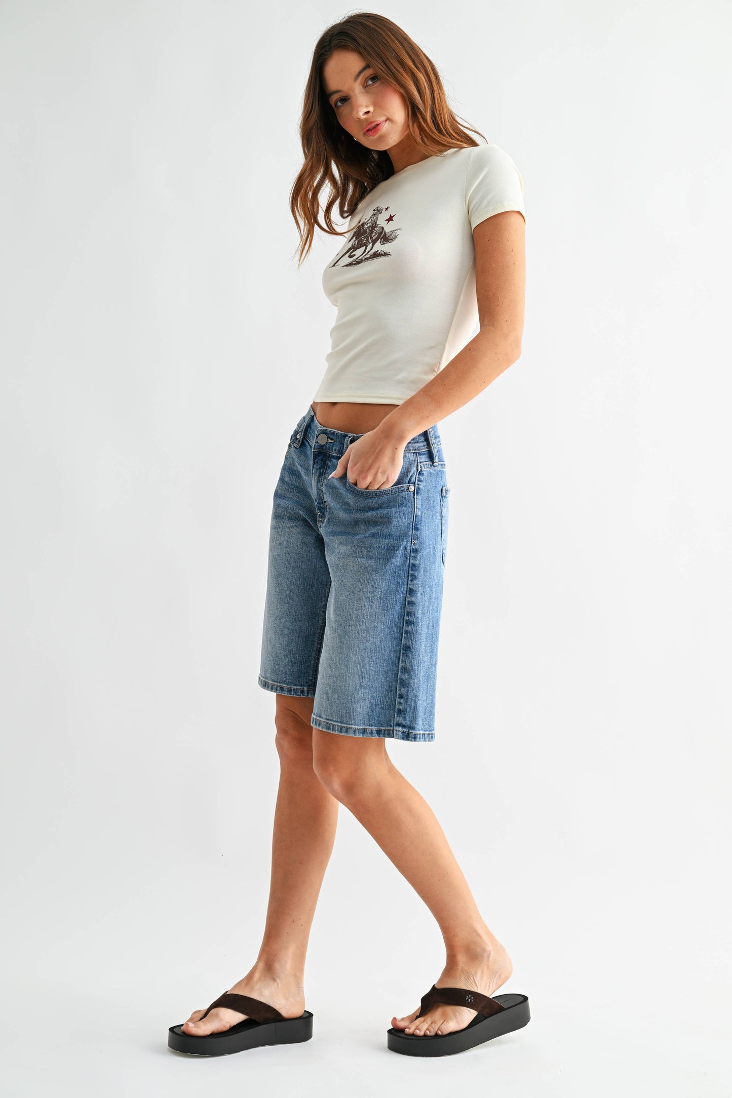 Elina Low Rise Long Denim Short