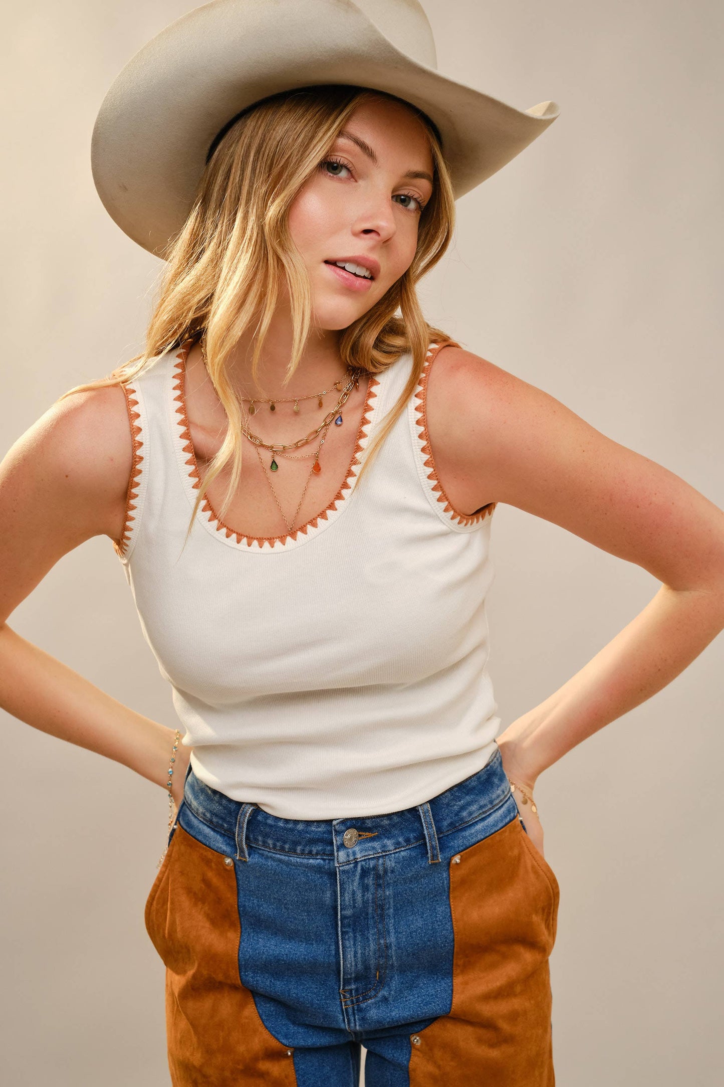 Embroidery Stitched Rib Tank