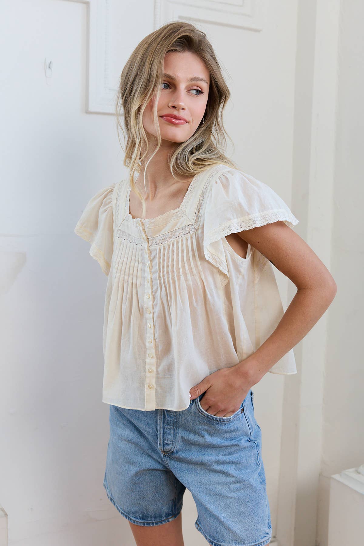 Lace Trim Pintuck Blouse