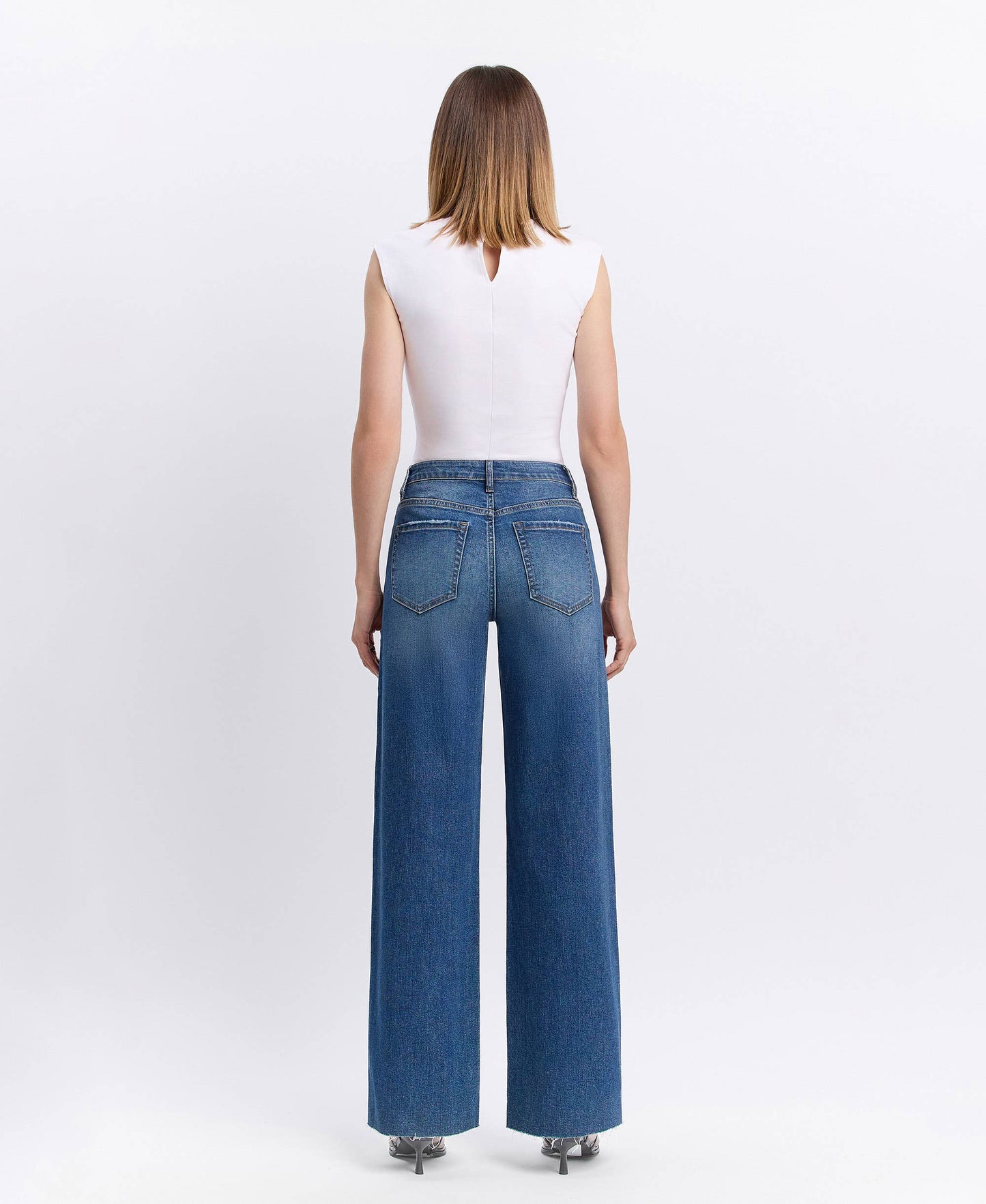 High-Rise Clean-Cut Raw Hem Wide Jeans