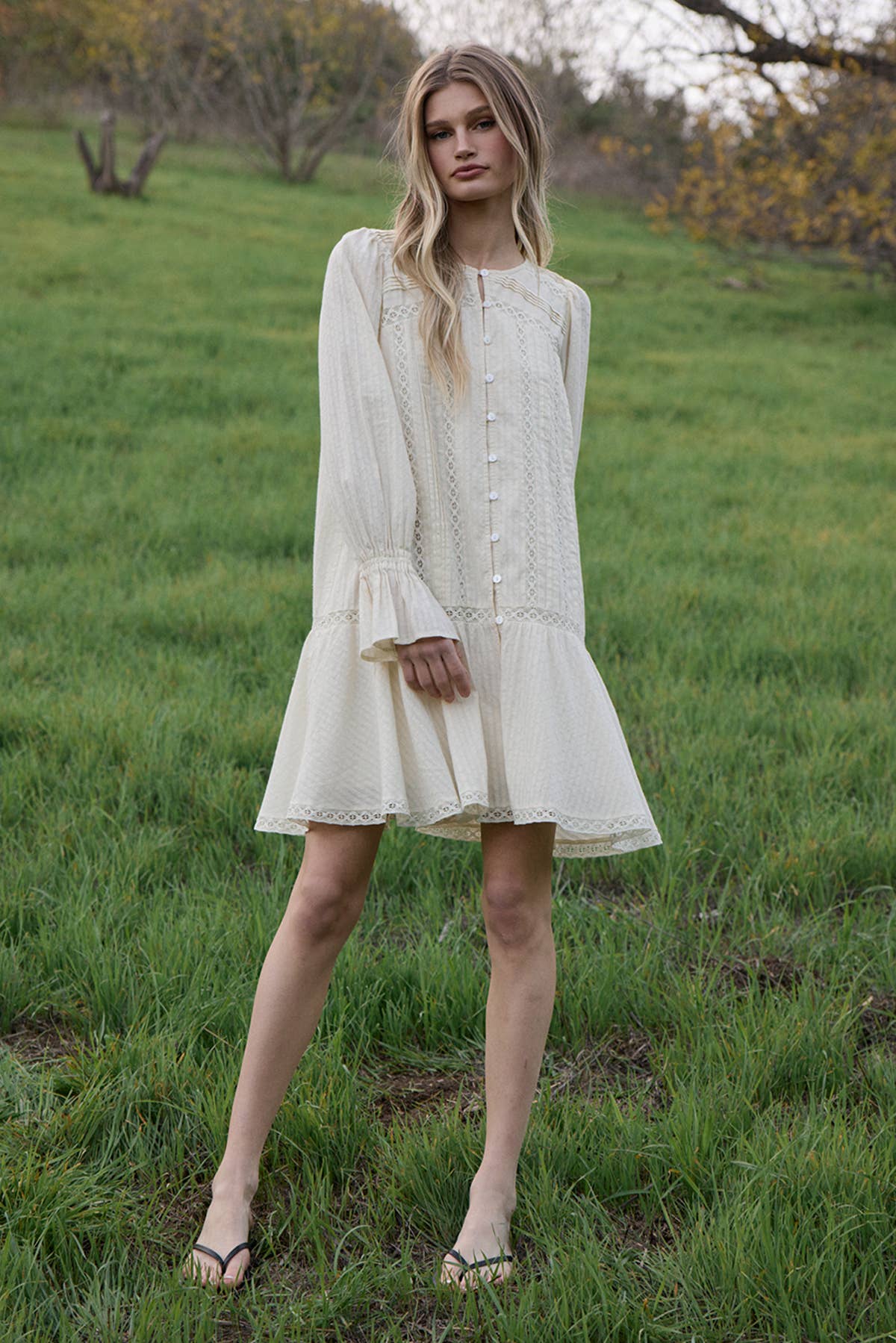 Lace Pintuck Tiered Tunic Dress