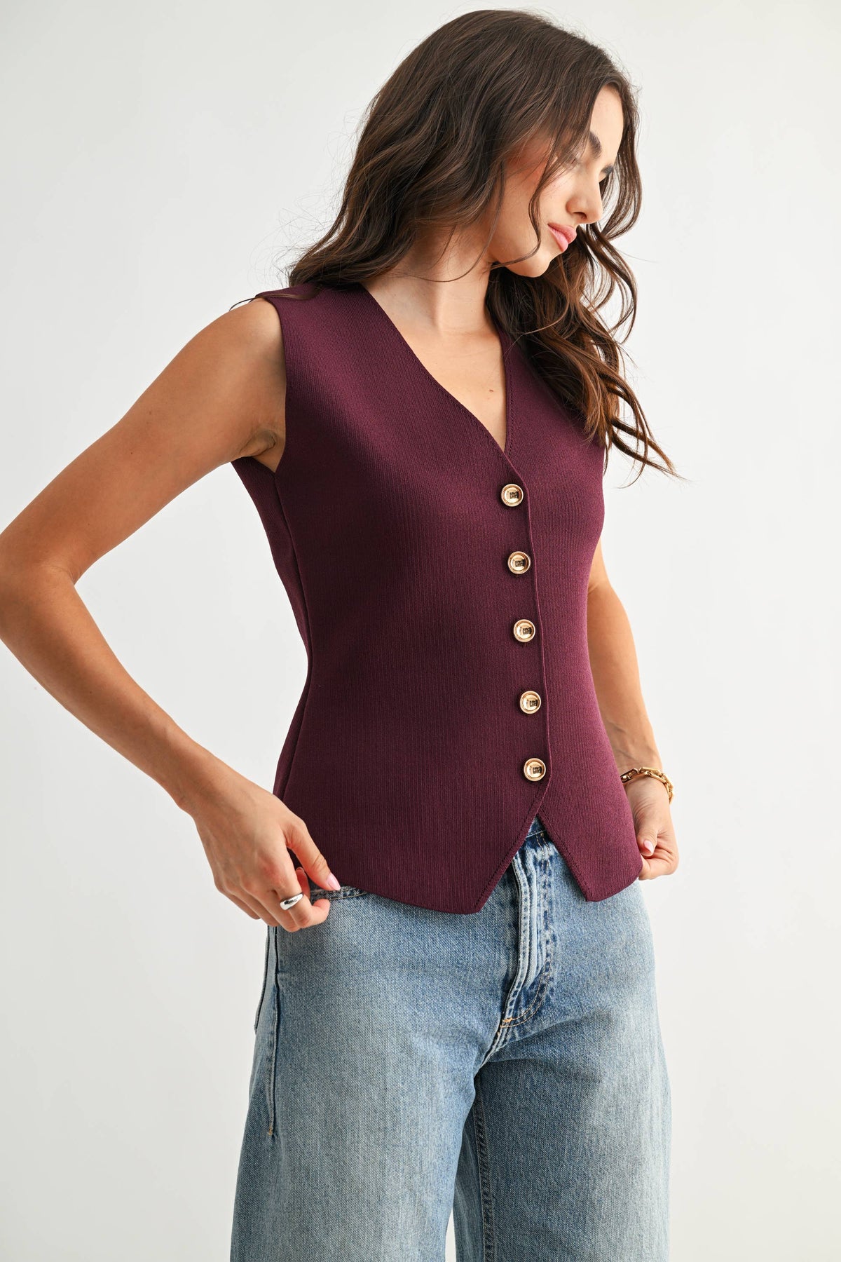 Plum Button-Front Knit Vest