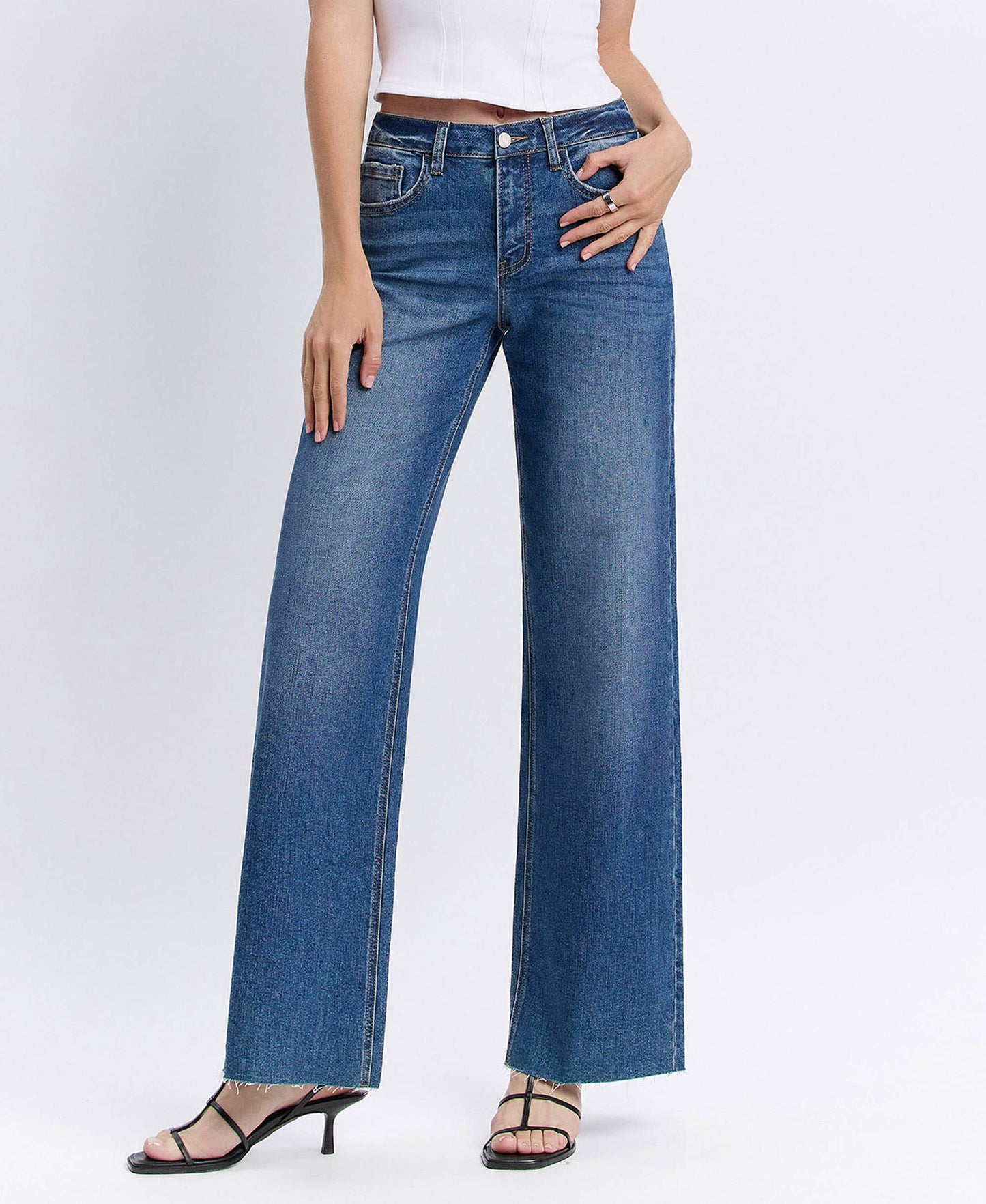 High-Rise Clean-Cut Raw Hem Wide Jeans