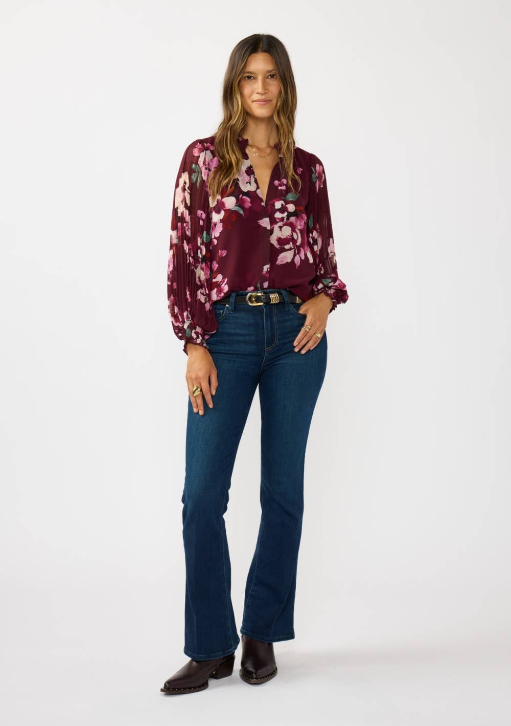 Pleated Sleeve Floral Button Blouse