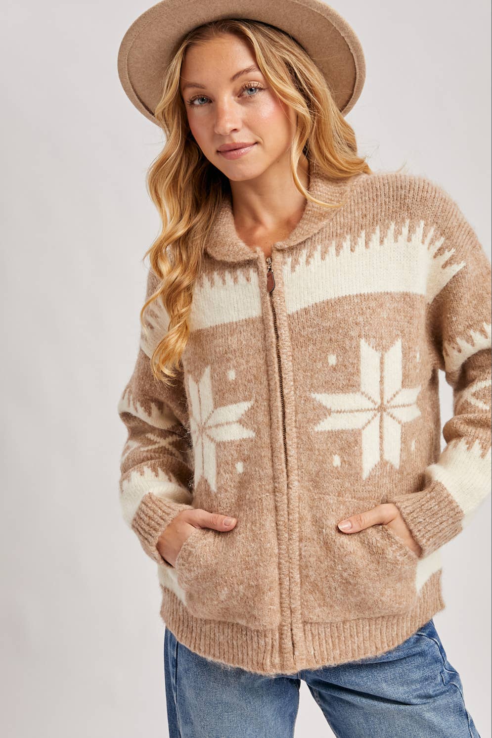 Fair Isle Fuzzy Knit Cardigan