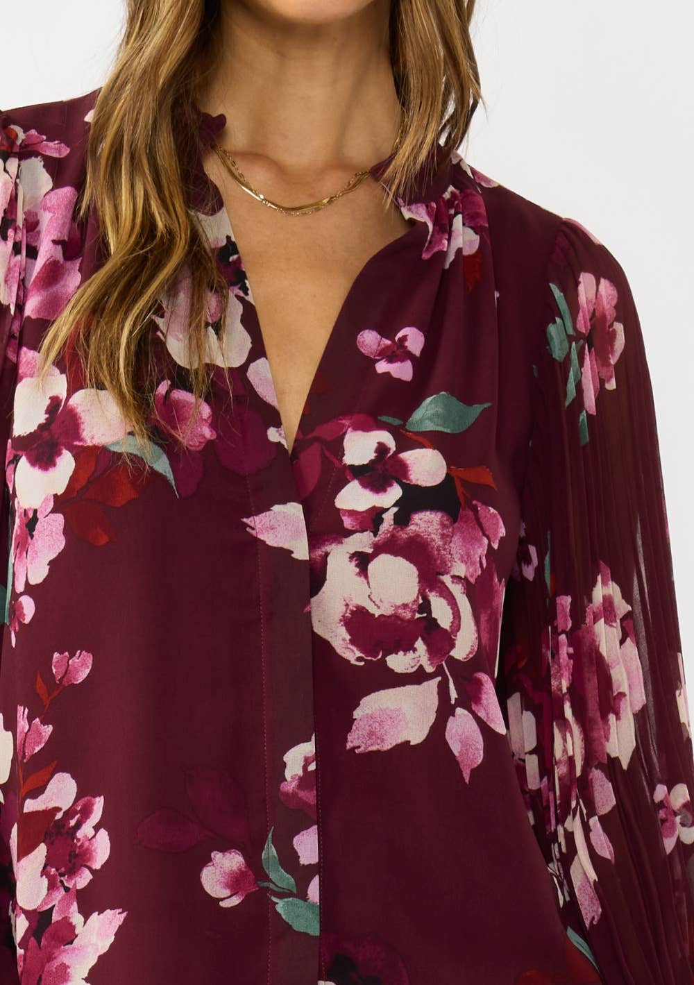 Pleated Sleeve Floral Button Blouse
