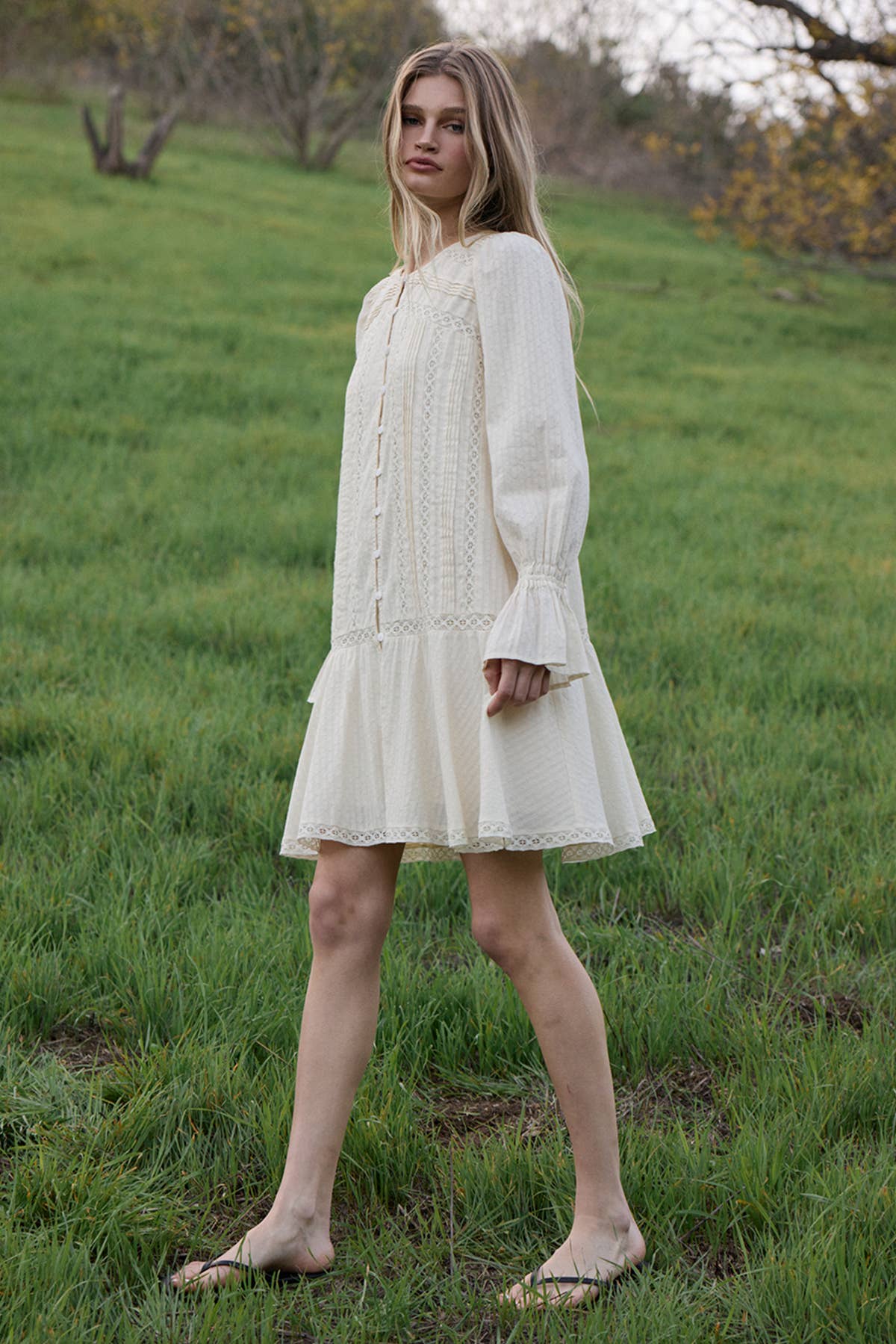 Lace Pintuck Tiered Tunic Dress