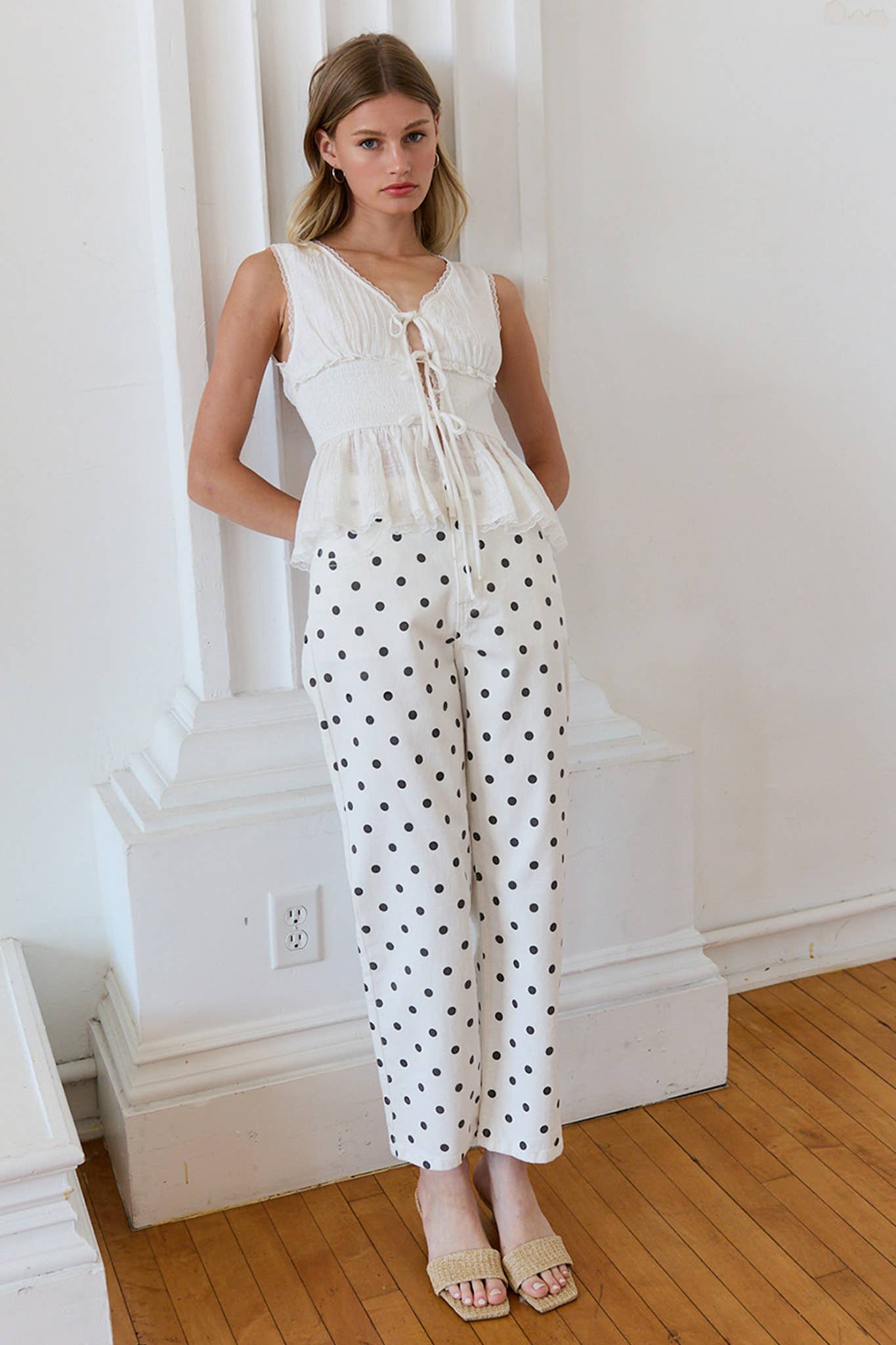 Smocked Tie-Front Peplum Top with Lace Trim