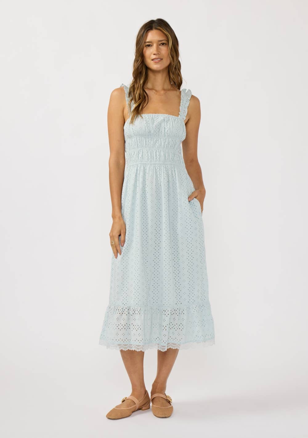 Smocked Bust Floral Eyelet Midi Dress