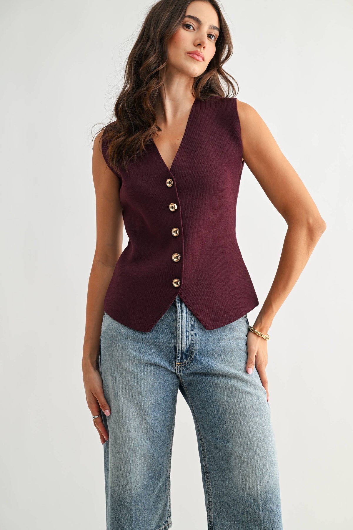 Plum Button-Front Knit Vest