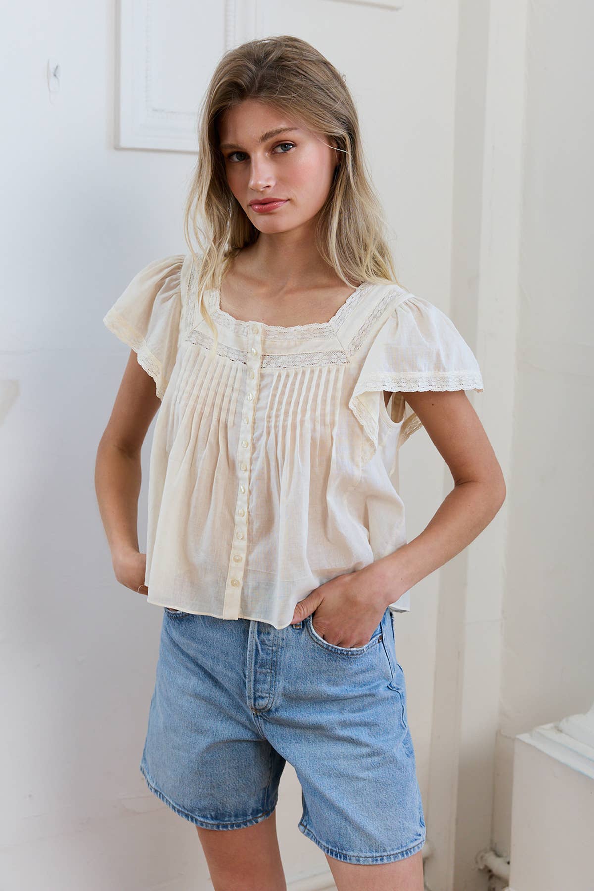 Lace Trim Pintuck Blouse