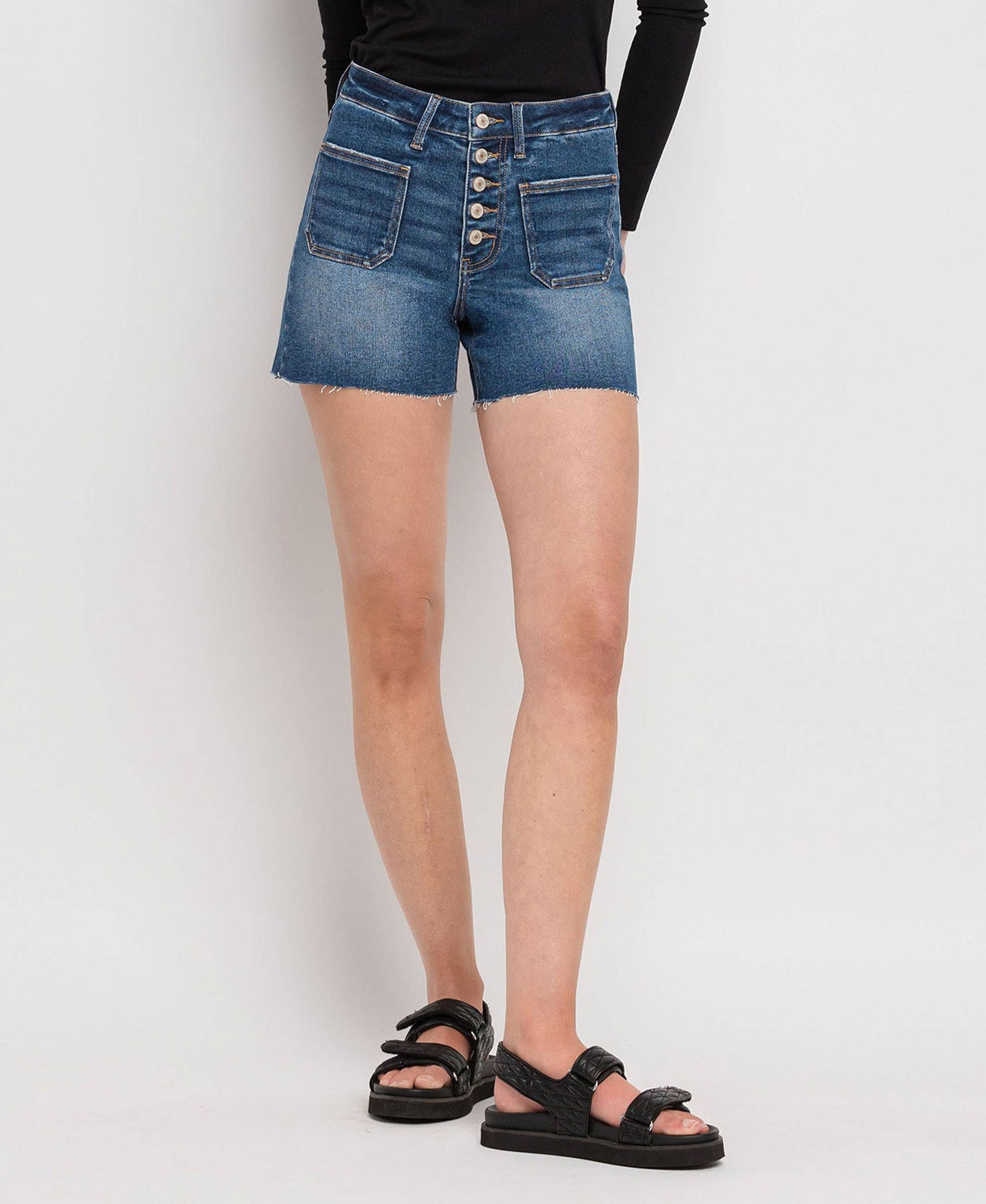 High Rise Patch Button Fly Shorts