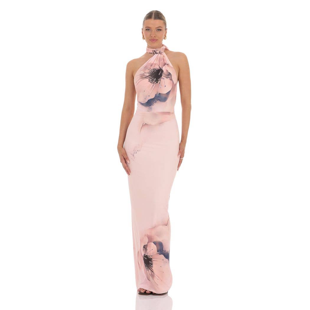 Mesh Floral Scarf Strap Maxi Dress in Pink