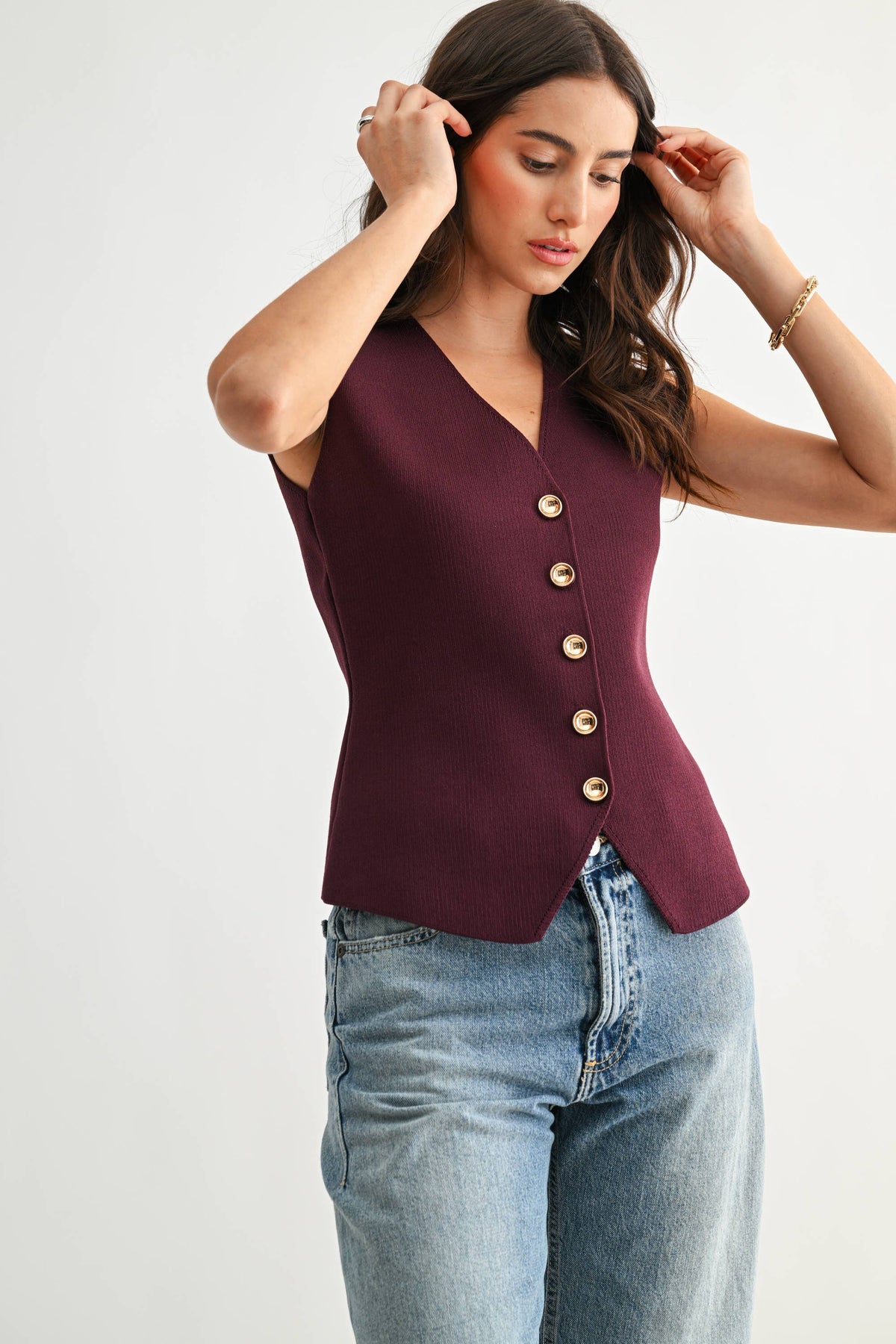 Plum Button-Front Knit Vest