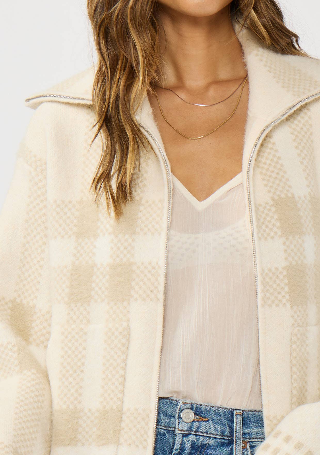 Plaid Knit Zip-Up Bomber Jacket